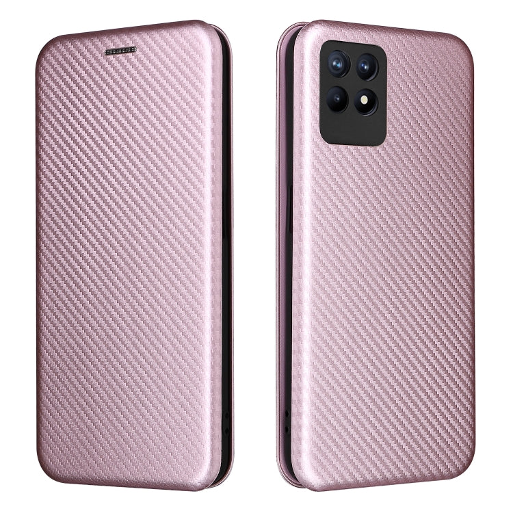 Pink carbon fiber texture magnetic flip phone case for OPPO Realme 8i, front and back view