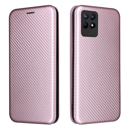 Pink carbon fiber texture magnetic flip phone case for OPPO Realme 8i, front and back view