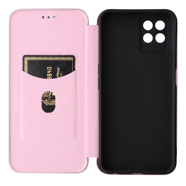 Pink magnetic flip phone case with card slot, showing inner pocket and rear cover for OPPO Realme 8i