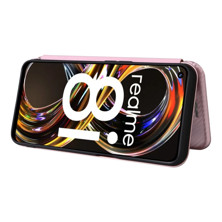 Pink magnetic flip phone case with carbon fiber texture, card slot shown for OPPO Realme 8i