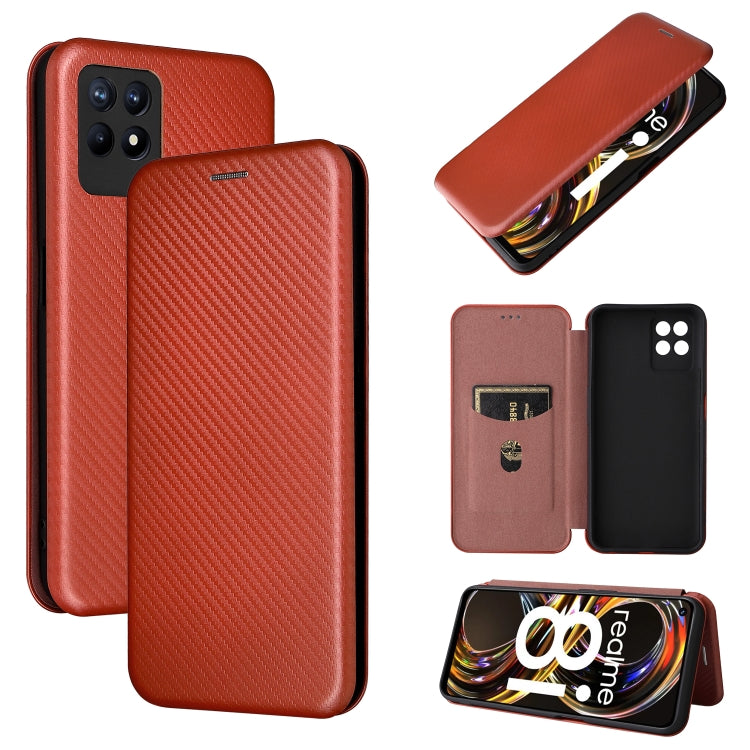 Brown carbon fiber texture magnetic flip phone case with card slot for OPPO Realme 8i