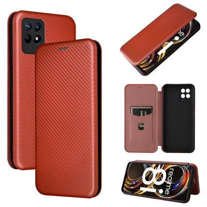 Brown carbon fiber texture magnetic flip phone case with card slot for OPPO Realme 8i