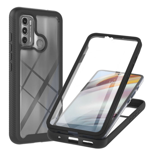 Black rugged phone case with clear screen protector and raised camera cover.