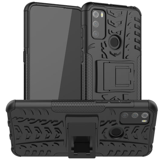 Black rugged protective phone case with textured grip and built-in holder