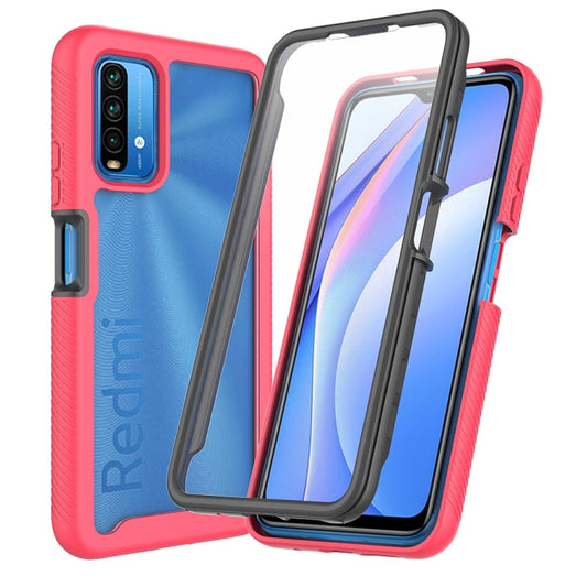 Rugged red phone case with clear back and black shockproof corners, front screen cover