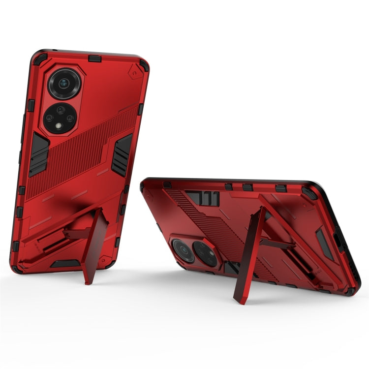 Red shockproof phone case with built-in stand for hands-free viewing