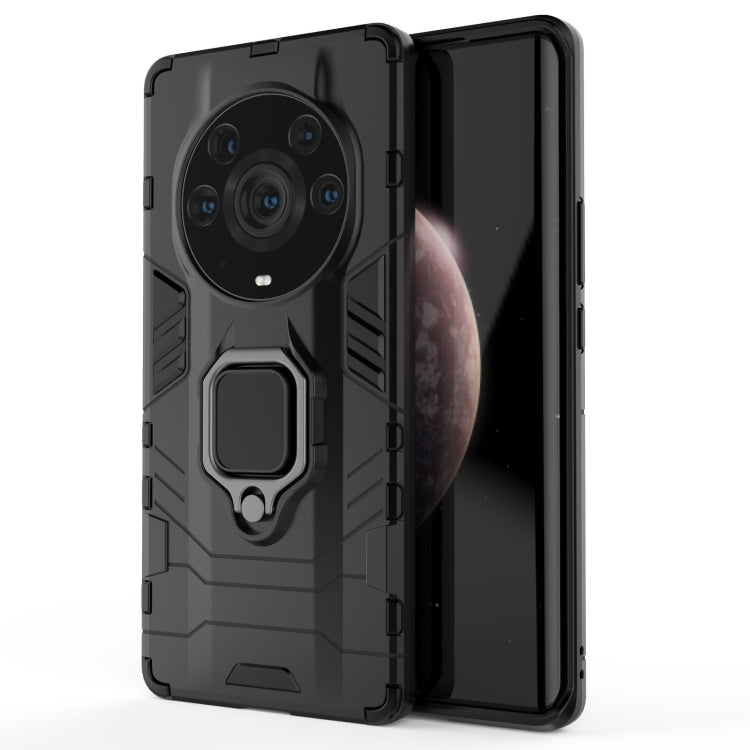 Black rugged phone case with magnetic ring holder and camera protection