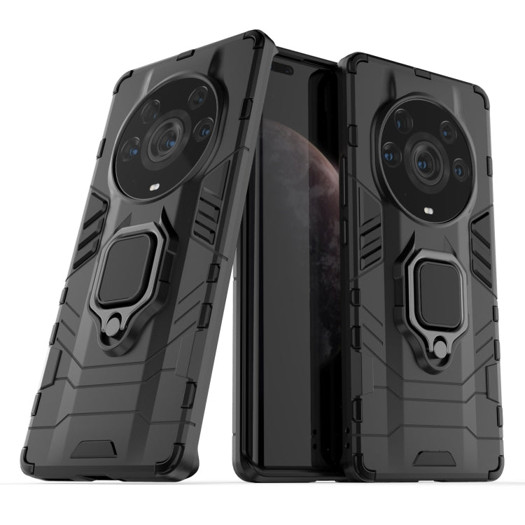 Dark gray rugged phone case with magnetic ring holder and dual-camera cutouts