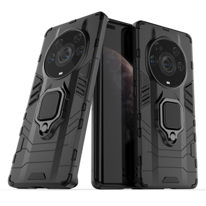 Dark gray rugged phone case with magnetic ring holder and dual-camera cutouts