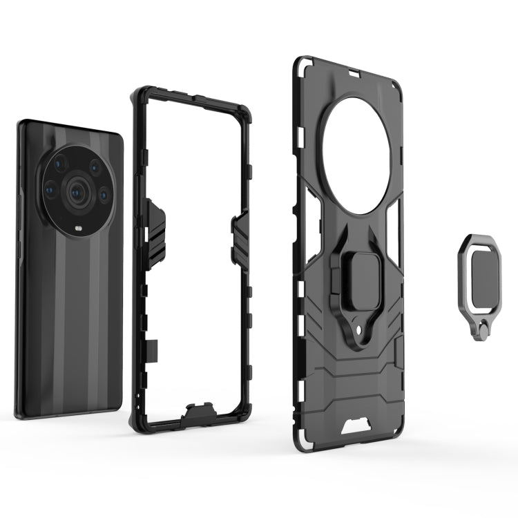 Rugged phone case with magnetic ring holder, open side cutouts for access