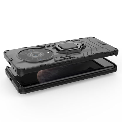 Rugged phone case with raised camera lens covers and magnetic ring holder