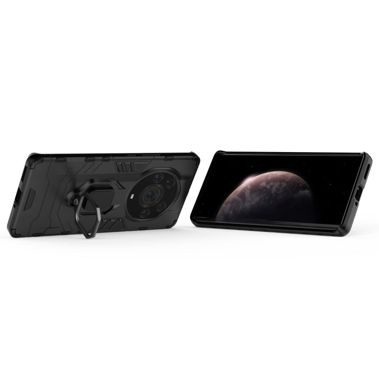 Black rugged phone case with magnetic ring holder and accessible side openings