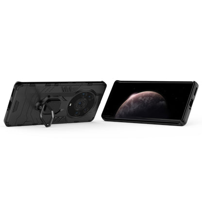 Black rugged phone case with magnetic ring holder and accessible side openings