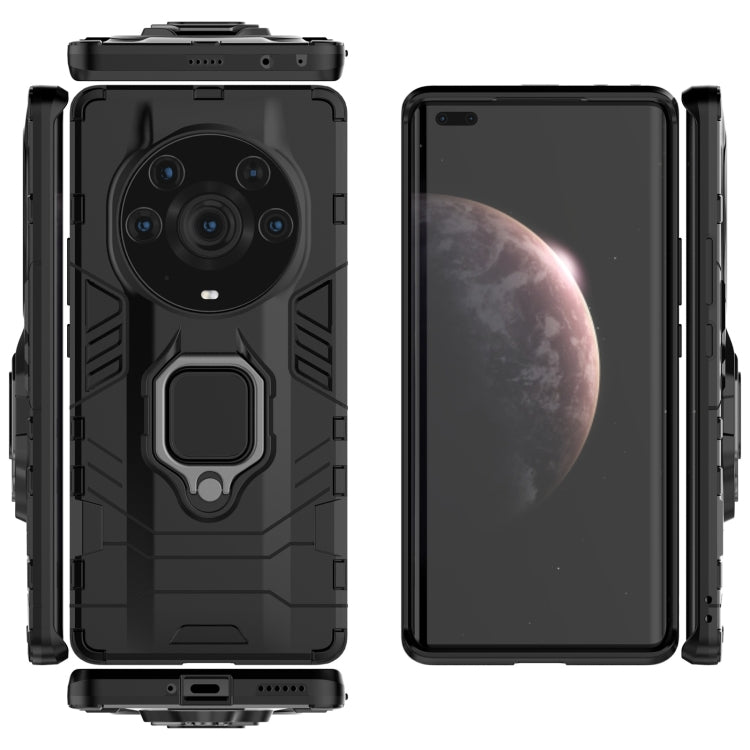 Black rugged phone case with magnetic ring holder and full front-back protection