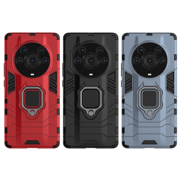 Rugged phone case set with magnetic ring holders in red, black, and navy blue