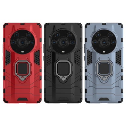 Rugged phone case set with magnetic ring holders in red, black, and navy blue