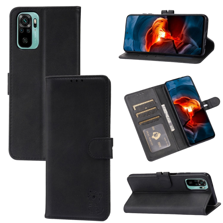 Black leather flip phone case with embossed cat, card slots, and viewing stand