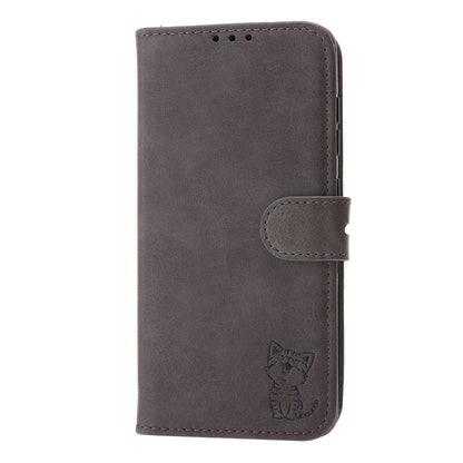 Grey leather flip phone case with cat emblem and magnetic strap closure