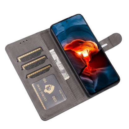 Grey leather flip phone case with card slots and fold-out phone holder