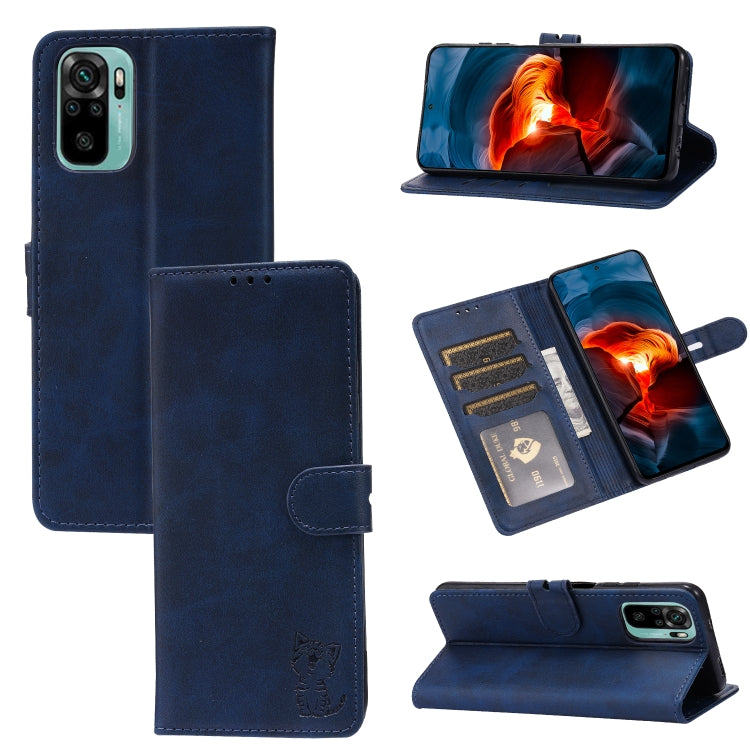Blue leather flip phone case with embossed cat, card slots, and stand holder