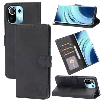 Black leather flip phone case with embossed cat, card slots, and stand holder