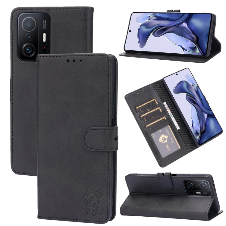 Black leather flip phone wallet case with embossed cat, card slots, and stand holder