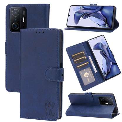 Blue leather flip phone wallet case with embossed cat, card slots, and stand holder