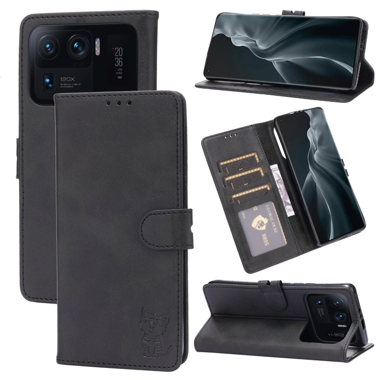 Dark gray leather flip phone wallet case with embossed cat, card slots, and stand holder