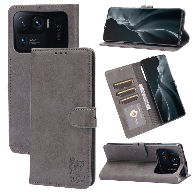 Grey leather flip phone wallet case with card slots and happy cat pattern
