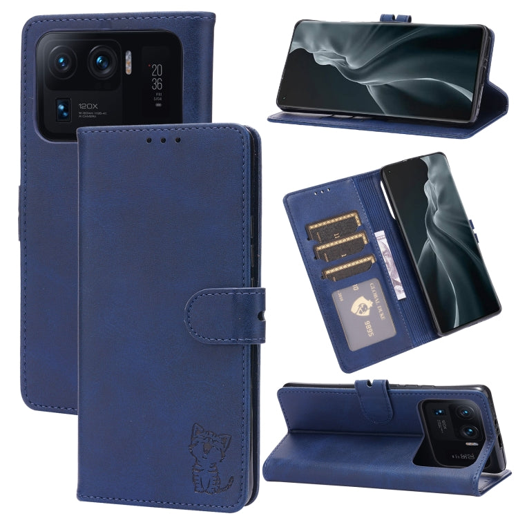 Blue leather flip phone wallet case with card slots and happy cat pattern