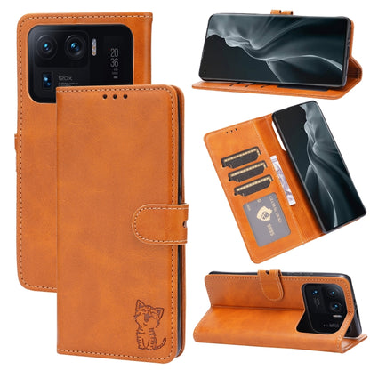 Orange leather flip phone wallet case with card slots and happy cat pattern