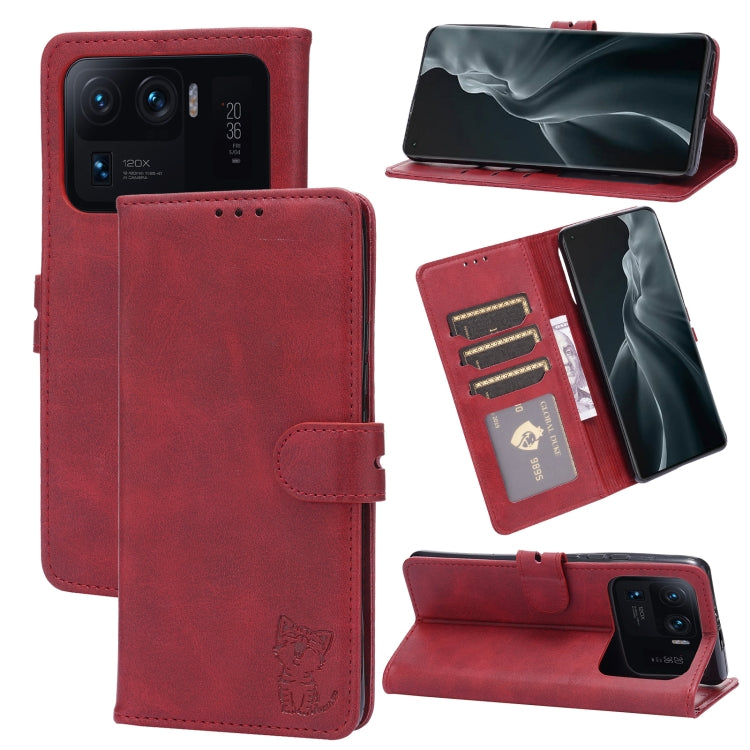 Red leather flip phone wallet case with card slots and happy cat pattern