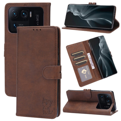 Brown leather flip phone wallet case with card slots and happy cat pattern