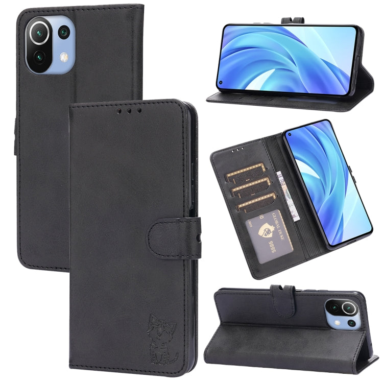 Dark grey leather flip phone wallet case with card slots and happy cat pattern