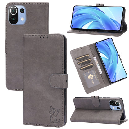 Light grey leather flip phone wallet case with card slots and happy cat pattern