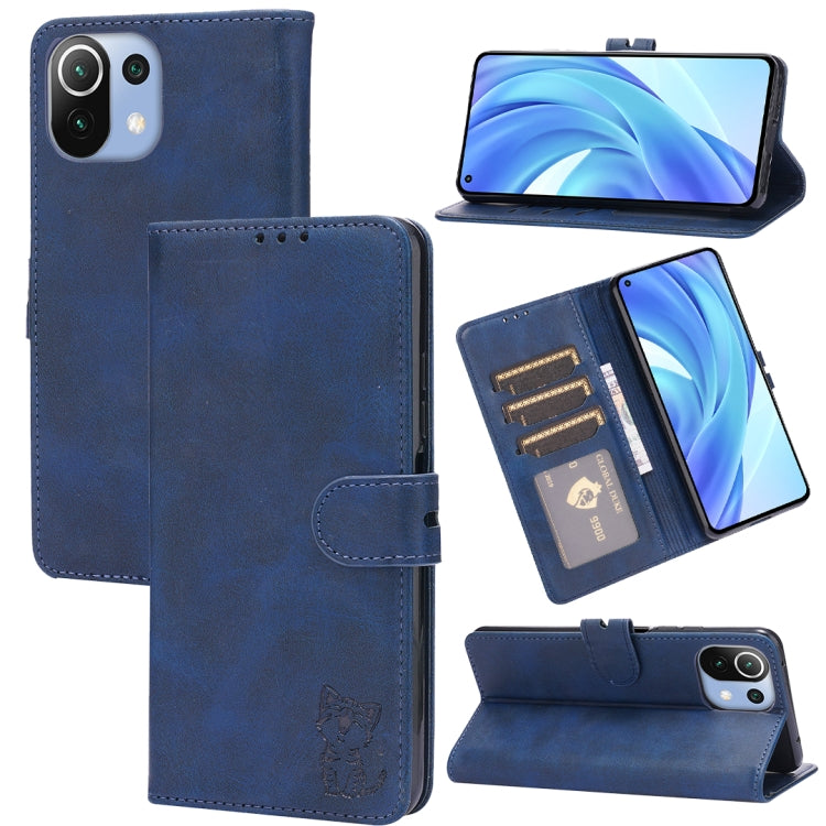 Navy blue leather flip phone wallet case with card slots and happy cat pattern