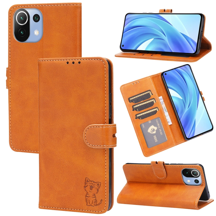 Bright orange leather flip phone wallet case with card slots and happy cat pattern