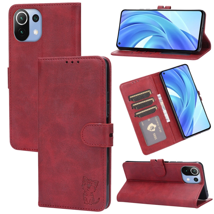 Burgundy leather flip phone wallet case with card slots and happy cat pattern