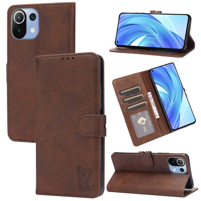 Brown embossed cat flip leather wallet case with card slots and stand holder