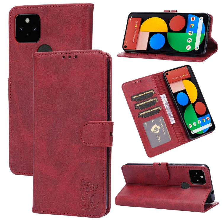 Red embossed cat flip leather wallet case with card slots and stand holder