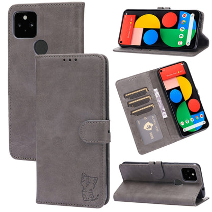 Light grey embossed cat flip leather wallet case with card slots and stand holder