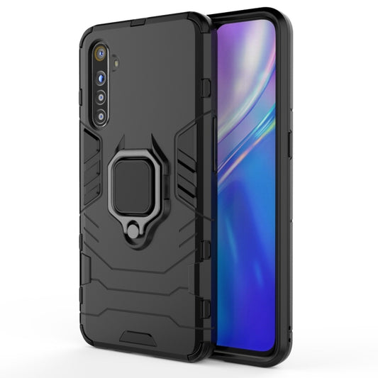 Shockproof phone case with magnetic ring holder, black with textured armor design