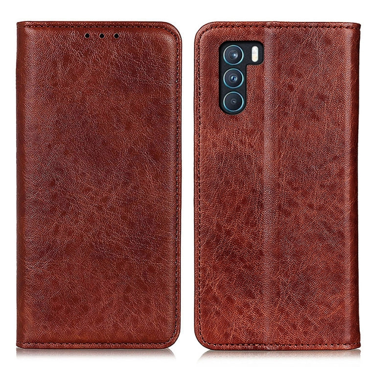 Brown textured flip wallet case with camera cutout and top speaker holes