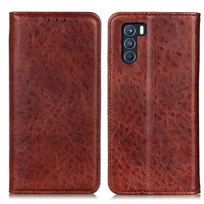 Brown textured flip wallet case with camera cutout and top speaker holes