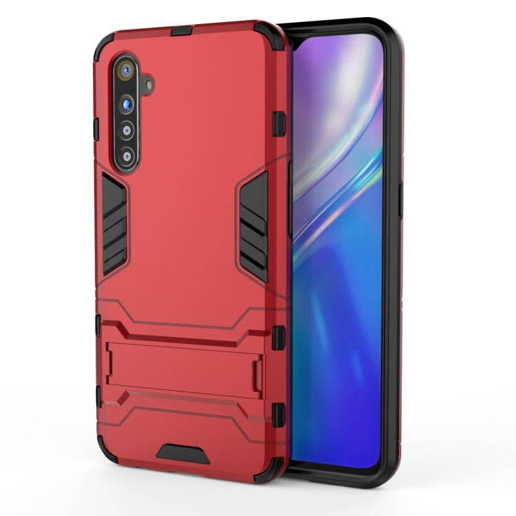 Red shockproof phone case with holder, rugged TPU PC armor and side grip