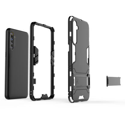 Shockproof phone case with holder, gray/black rugged back with camera openings
