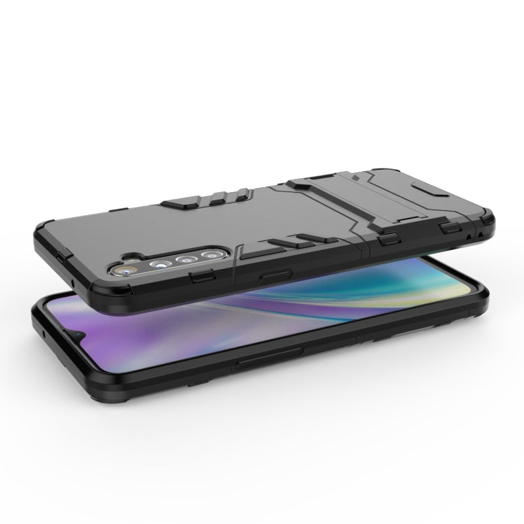 Gray rugged shockproof phone case with holder, raised screen edges