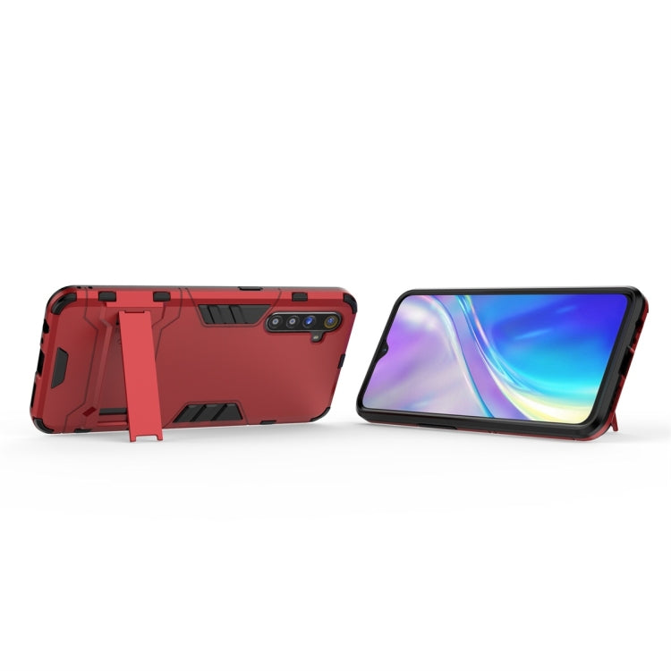 Red rugged phone case with holder, front and back views with camera cutout