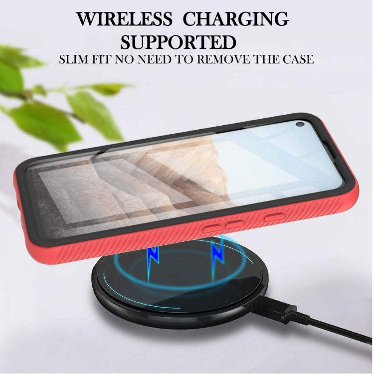 Red shockproof phone case with front screen cover and protective edge lip