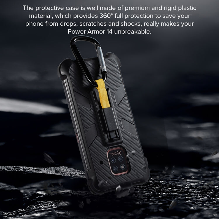 Black rugged phone case with hinged flap and attached yellow carabiner strap